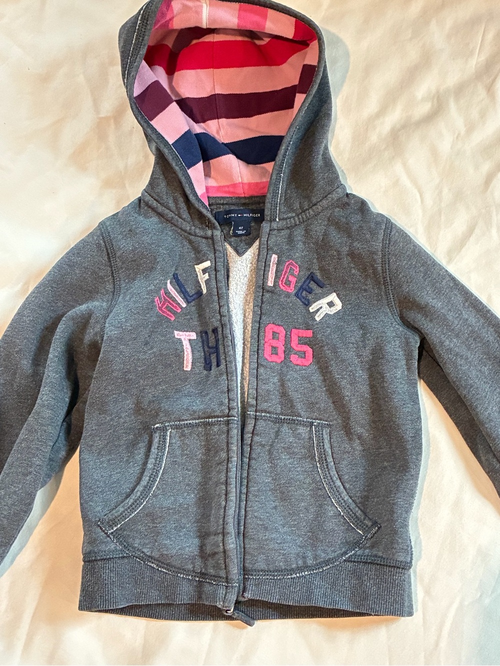 Tommy Hilfiger Gray Hoodie with Pink and Navy Striped Hood Lining